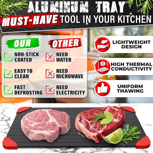 V TOWER Defrosting Tray for Frozen Meat - 14x8 High Thermal Conductivity Thawing Tray for Frozen Meat with Silicone Corners, Hanging Hole - Easy to Clean Non Stick Aluminum Thawing Plate for Fast Defrosting - Image 3