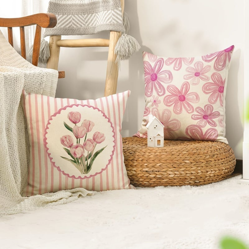 Pink Tulip Throw Pillow Covers 16x16 Inches Stripe Flowers Cushion Case for Sofa Couch - Image 2