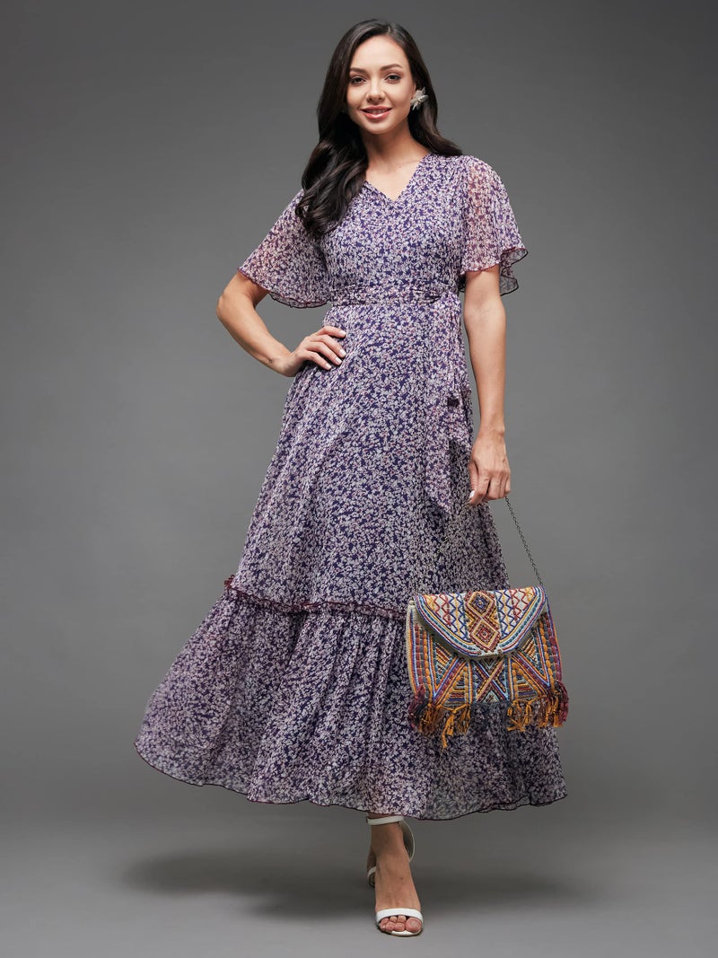 Miss Chase Women's V Neck Flared Sleeve Floral Wrap Chiffon Maxi Dress with Pocket (MCAW21D06-14-190-09, Multicolored-Base-Purple, 4XL) - Image 2