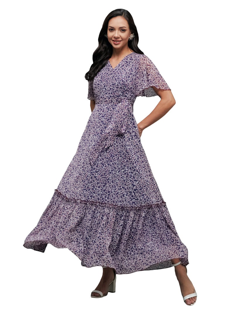 Miss Chase Women's V Neck Flared Sleeve Floral Wrap Chiffon Maxi Dress with Pocket (MCAW21D06-14-190-09, Multicolored-Base-Purple, 4XL) - Image 1