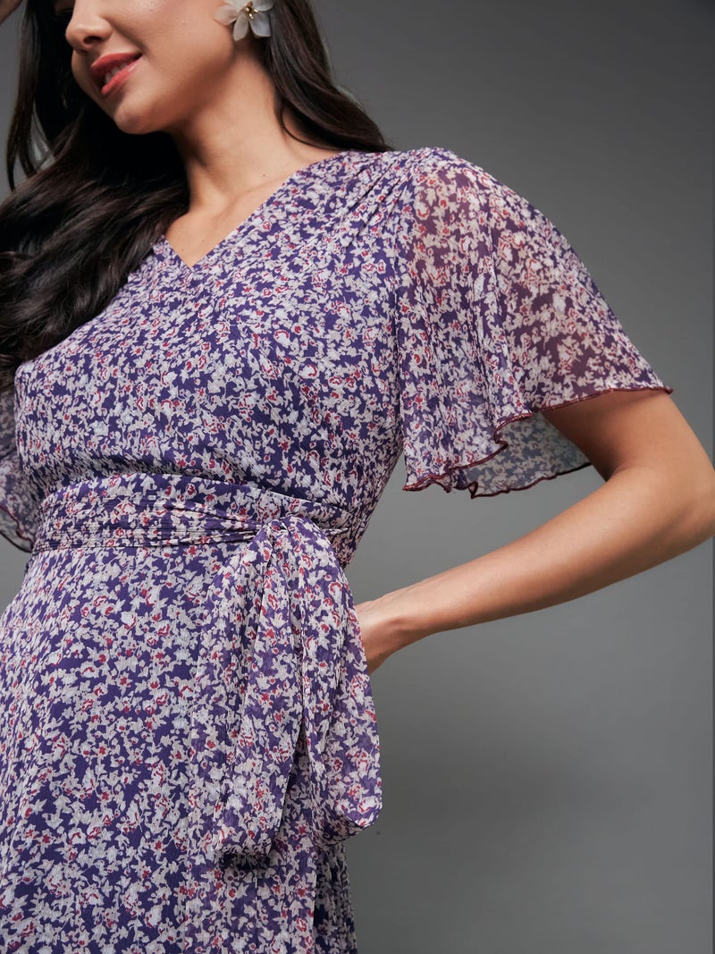 Miss Chase Women's V Neck Flared Sleeve Floral Wrap Chiffon Maxi Dress with Pocket (MCAW21D06-14-190-09, Multicolored-Base-Purple, 4XL) - Image 5