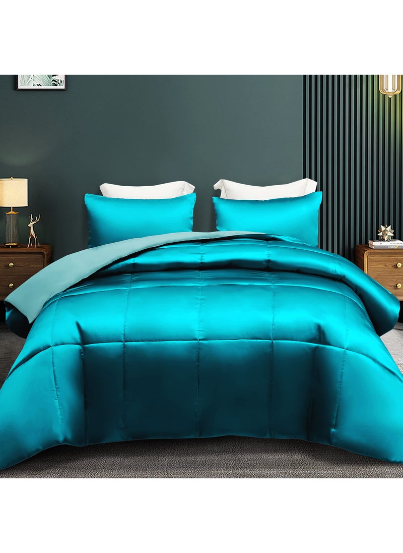 Whale Flotilla Whale Flotilla 3Piece Reversible Silky Soft King Size Comforter Bedding Set Luxurious Satin Comforters Oversized with 2 Satin Pillowcases Lightweight Duvet for All Seasons Turquoise 