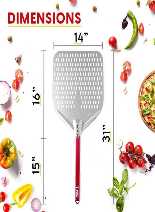 TKC 14” Perforated Pizza Peel - 31 Inch Long Handle Perforated Aluminium Pizza Paddle - Lightweight Pizza Turning Peel - Commercial Grade Pizza Spatula - Outdoor Pizza Oven Accessories - (Silver/Red) - Image 4