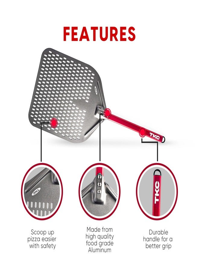 TKC 14” Perforated Pizza Peel - 31 Inch Long Handle Perforated Aluminium Pizza Paddle - Lightweight Pizza Turning Peel - Commercial Grade Pizza Spatula - Outdoor Pizza Oven Accessories - (Silver/Red) - Image 5