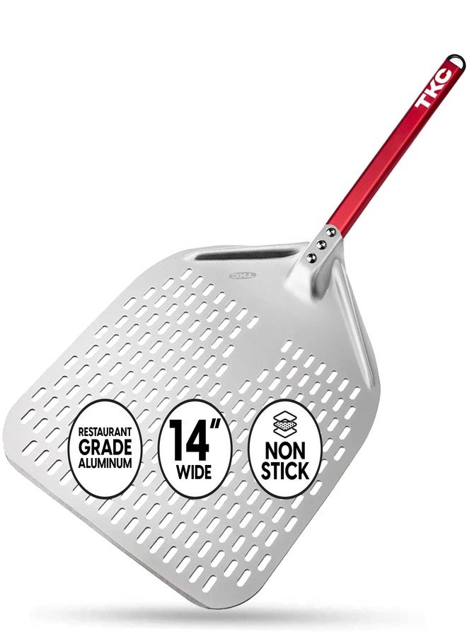 TKC 14” Perforated Pizza Peel - 31 Inch Long Handle Perforated Aluminium Pizza Paddle - Lightweight Pizza Turning Peel - Commercial Grade Pizza Spatula - Outdoor Pizza Oven Accessories - (Silver/Red) - Image 2