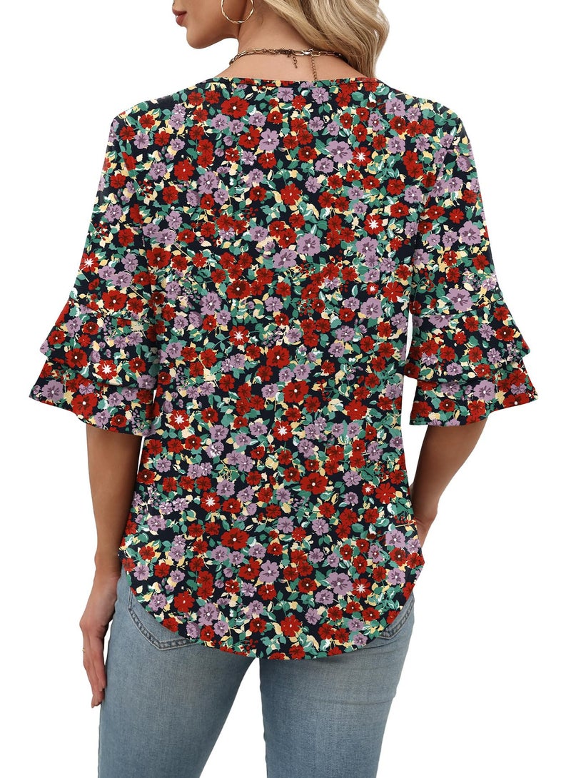 OFEEFAN Valentines Day Outfit Women Spring Fashion Hawaiian Shirts for Women Half Sleeve Cute Summer Tops Beach Vacation Essentials Red Floral L - Image 5