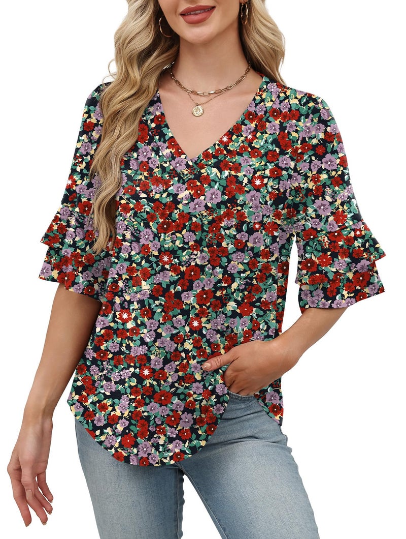 OFEEFAN Valentines Day Outfit Women Spring Fashion Hawaiian Shirts for Women Half Sleeve Cute Summer Tops Beach Vacation Essentials Red Floral L - Image 2