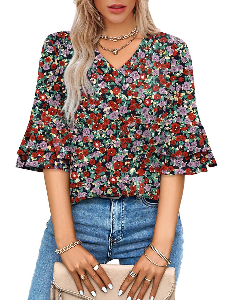 OFEEFAN Valentines Day Outfit Women Spring Fashion Hawaiian Shirts for Women Half Sleeve Cute Summer Tops Beach Vacation Essentials Red Floral L - Image 3