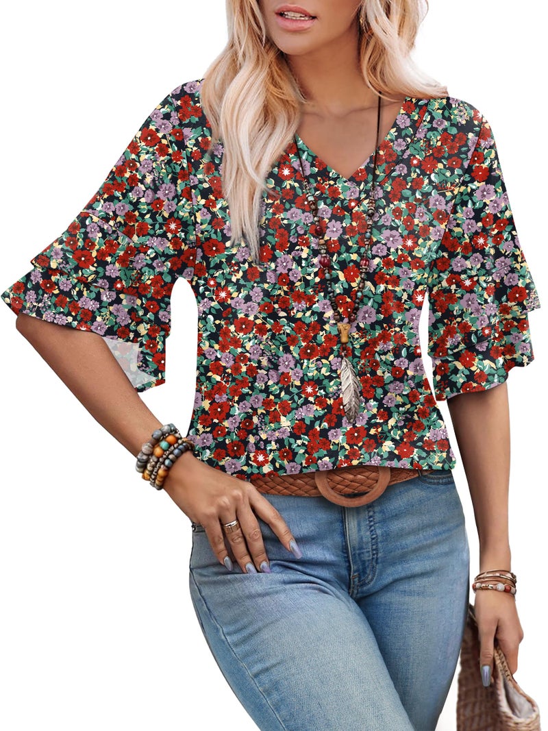 OFEEFAN Valentines Day Outfit Women Spring Fashion Hawaiian Shirts for Women Half Sleeve Cute Summer Tops Beach Vacation Essentials Red Floral L - Image 1