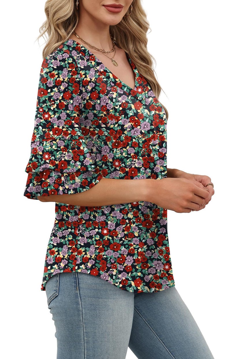 OFEEFAN Valentines Day Outfit Women Spring Fashion Hawaiian Shirts for Women Half Sleeve Cute Summer Tops Beach Vacation Essentials Red Floral L - Image 4