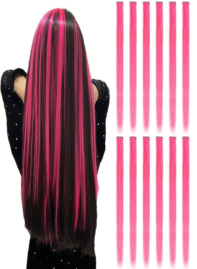 Onas Hot Pink Hair Extensions Straight Multicolor Clip in Hair Extensions Colorful 20 Inch Rainbow Women's Gifts Halloween Christmas Party Highlights (12pcs Hot Pink) - Image 1