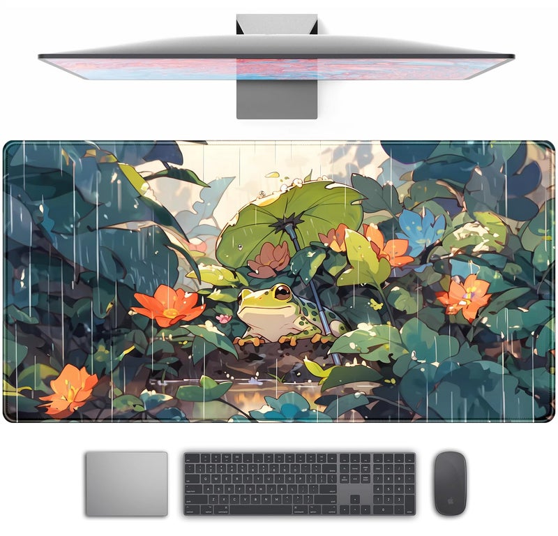 TENG DA QING Anime Frog Mouse Pad Desk Mat Cure Frogs On Rainy Days Green Desk Decor Mat, Large Gaming Mouse Pad for Desk Computer Keyboard Laptop, Desk Decor Home Office Accessories for Girl with Stitched Eges - Image 1