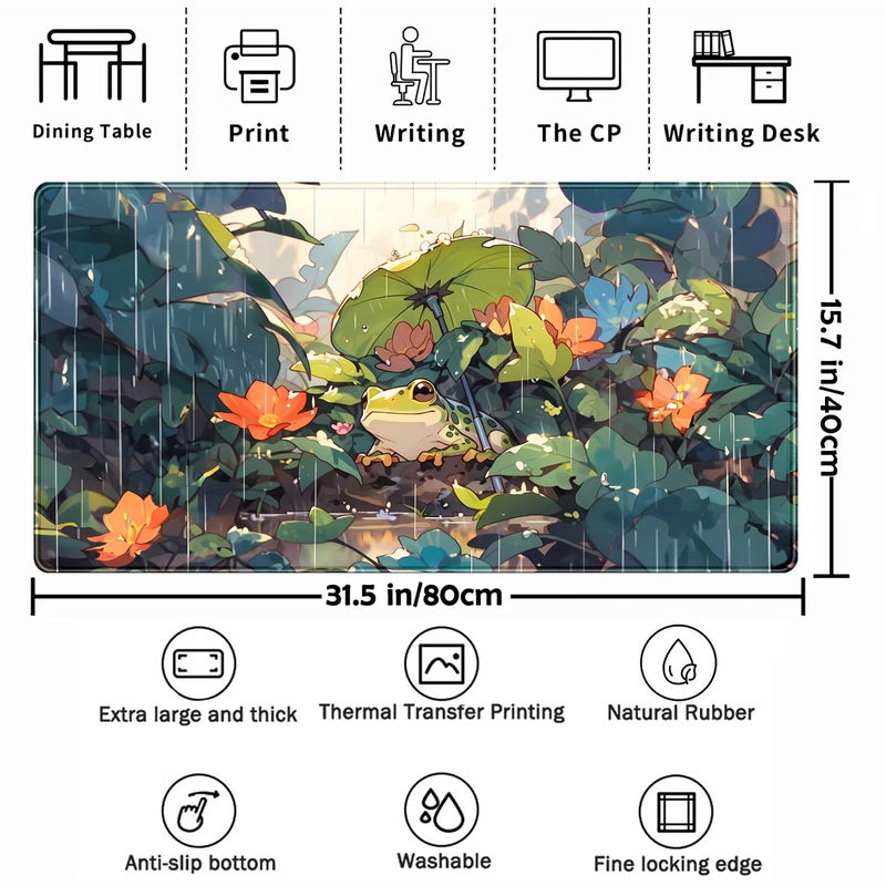 TENG DA QING Anime Frog Mouse Pad Desk Mat Cure Frogs On Rainy Days Green Desk Decor Mat, Large Gaming Mouse Pad for Desk Computer Keyboard Laptop, Desk Decor Home Office Accessories for Girl with Stitched Eges - Image 2