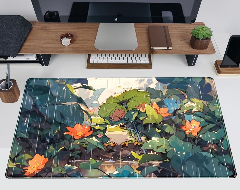 TENG DA QING Anime Frog Mouse Pad Desk Mat Cure Frogs On Rainy Days Green Desk Decor Mat, Large Gaming Mouse Pad for Desk Computer Keyboard Laptop, Desk Decor Home Office Accessories for Girl with Stitched Eges - Image 5