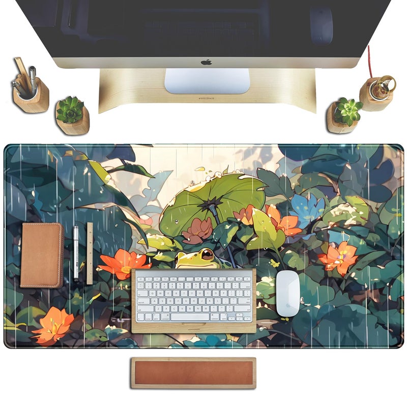 TENG DA QING Anime Frog Mouse Pad Desk Mat Cure Frogs On Rainy Days Green Desk Decor Mat, Large Gaming Mouse Pad for Desk Computer Keyboard Laptop, Desk Decor Home Office Accessories for Girl with Stitched Eges - Image 4