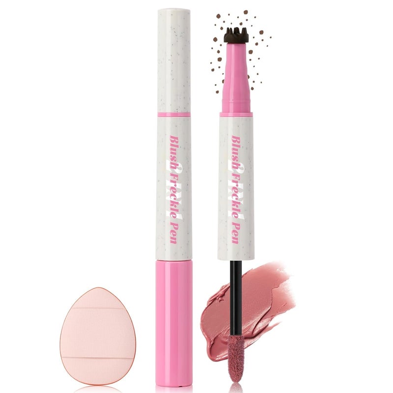 HOSAILY Freckle Blush Pen 2 in 1 Natural Lifelike Light Brown Freckle Stamp Pen Soft Pink Liquid Blush for Natural Sunkissed Makeup Waterproof Long Lasting Quick Dry Freckle Marker Pen with Puff01