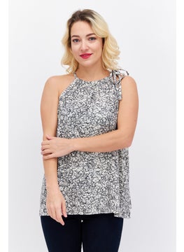 ESPRIT Women Tie Neck Sleeveless Allover Print Blouse, Black  - Image 1