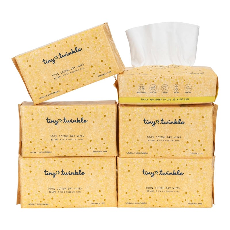 Tiny Twinkle مناديل قطنية جافة 100% للأطفال | 480 قطعة | للاستخدام رطب أو جاف | خالية من العطور (خالية من الروائح) ، مضادة للحساسية وخالية من المواد الكيميائية | فائقة النعومة وقوية ولطيفة للبشرة الحساسة - Image 1