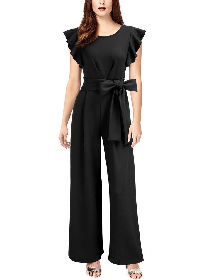 Knitee Women's Vintage Sleeveless Ruffle High Waist Wide Leg Romper Formal Long Jumpsuit with Belt (Black, Large) - Image 1