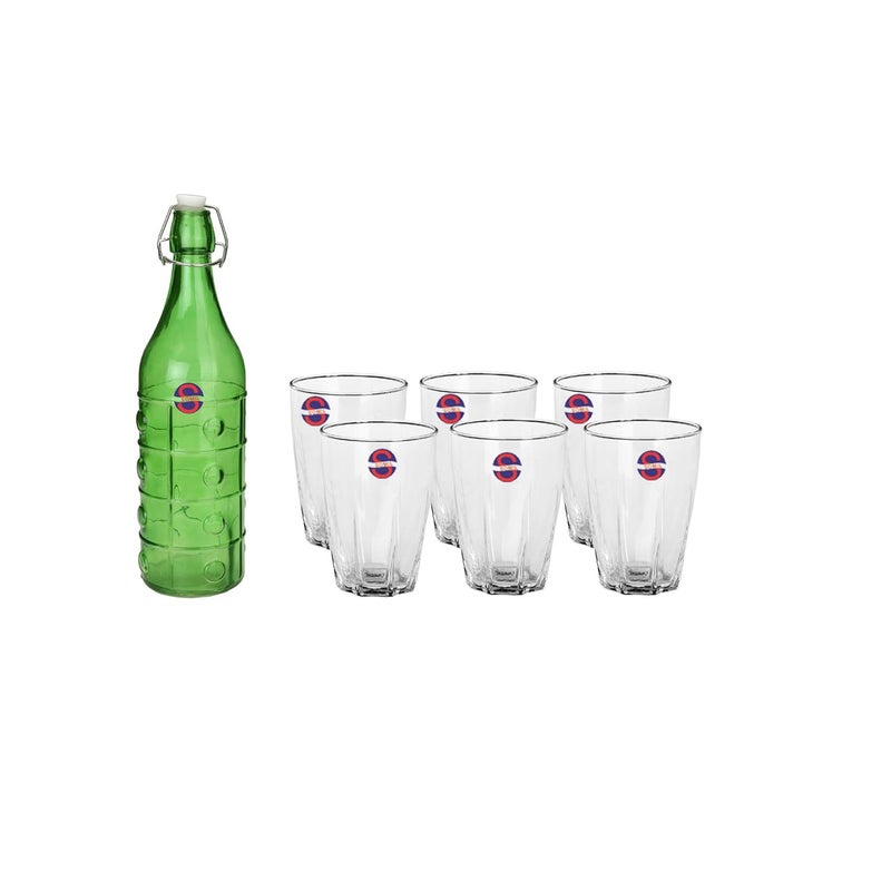 Somil Glass and Bottle Water Other Hot Cold Beverage Serving Set for Home Bar Restaurant 6 Glasses 1 Lt Bottle Green Transparent - Image 1
