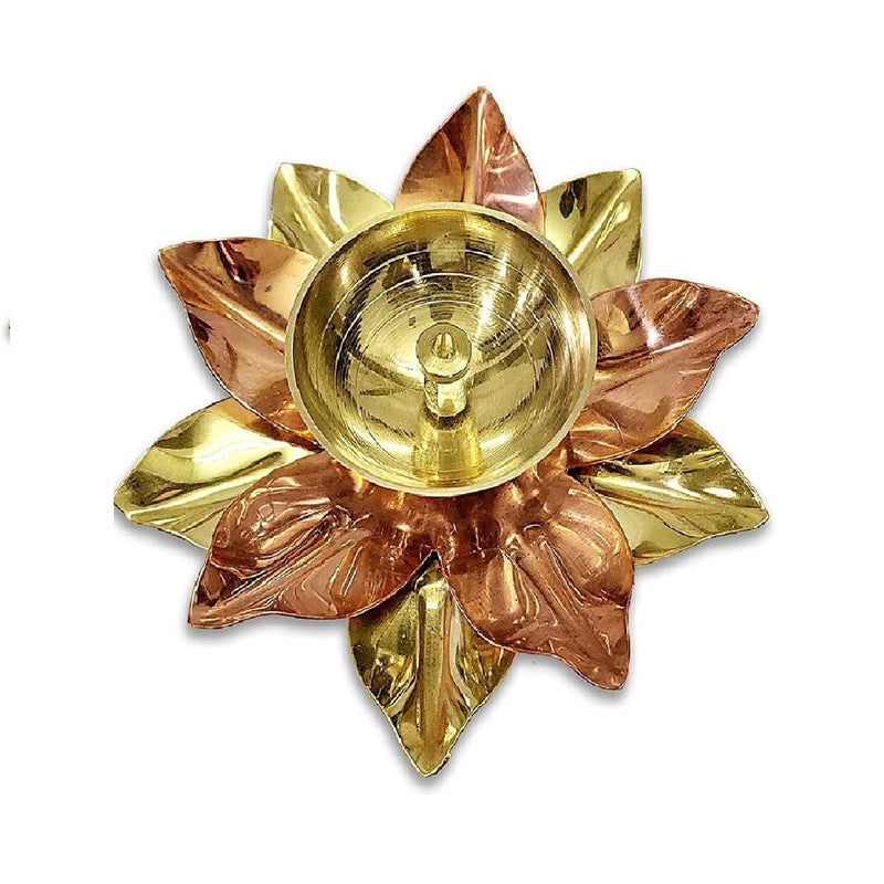 SATVIK SATVIK 2 Units Brass and Copper Lotus Flower Petals Kamal Akand Diya for Diwali Puja Pooja Home Temple Decoration Daily Office Puja Oli Lamp Large Pack of 2 