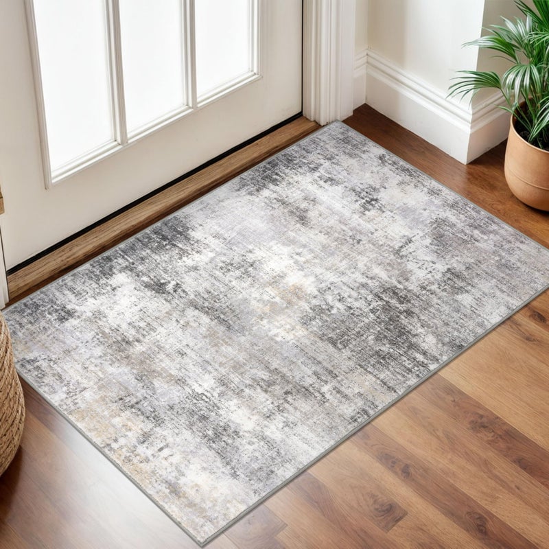 IOHOUZE Small Abstract Area Rug 2x3 Ft Entryway Rugs Washable Door Mat Indoor Entrance Rubber Backed Throw Rugs Printed Faux Wool Non Slip Floor Carpet for Foyer Front Door Sink Grey Beige