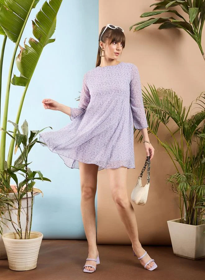 Sassafras Lilac Ditsy Floral A-Line Mini Dress with 3/4 Sleeves