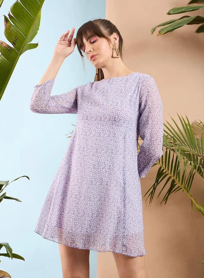 Sassafras Lilac Ditsy Floral A-Line Mini Dress with 3/4 Sleeves