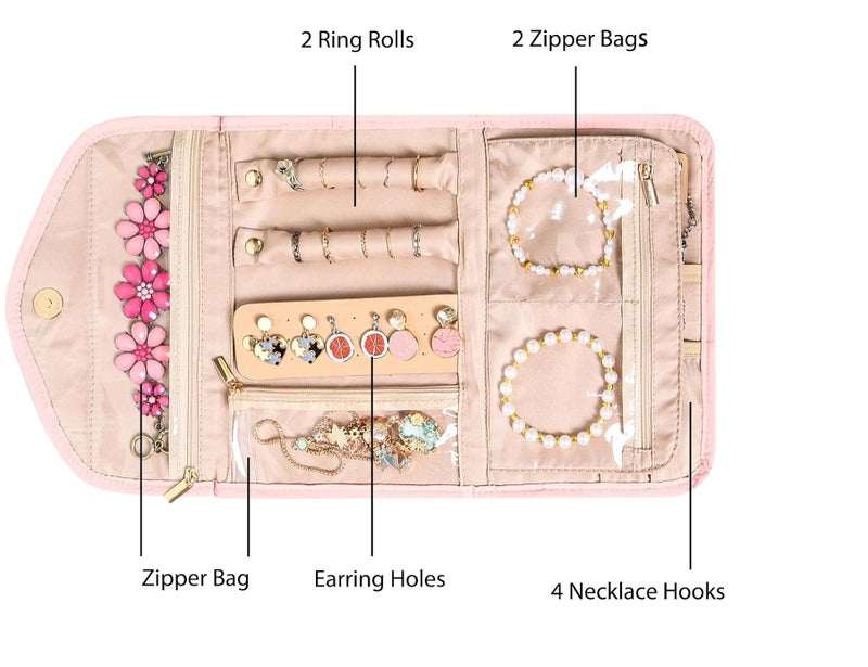 BLUE BEADS Foldable Jewelry Roll Carrying Portable Jewelry Organiser for Necklace, Earrings, Rings etc .Hanging Jewellery Storage Bag with Zipper Closure, Large Capacity, For Women Girls (Pink) - Image 4