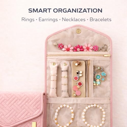 BLUE BEADS Foldable Jewelry Roll Carrying Portable Jewelry Organiser for Necklace, Earrings, Rings etc .Hanging Jewellery Storage Bag with Zipper Closure, Large Capacity, For Women Girls (Pink) - Image 3