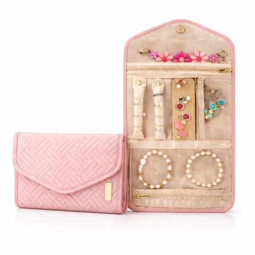BLUE BEADS Foldable Jewelry Roll Carrying Portable Jewelry Organiser for Necklace, Earrings, Rings etc .Hanging Jewellery Storage Bag with Zipper Closure, Large Capacity, For Women Girls (Pink) - Image 1