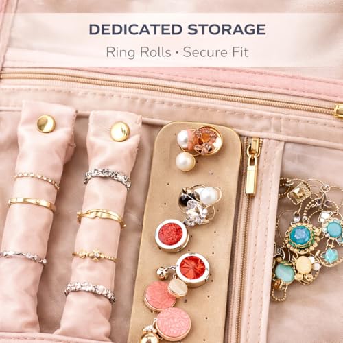 BLUE BEADS Foldable Jewelry Roll Carrying Portable Jewelry Organiser for Necklace, Earrings, Rings etc .Hanging Jewellery Storage Bag with Zipper Closure, Large Capacity, For Women Girls (Pink) - Image 2