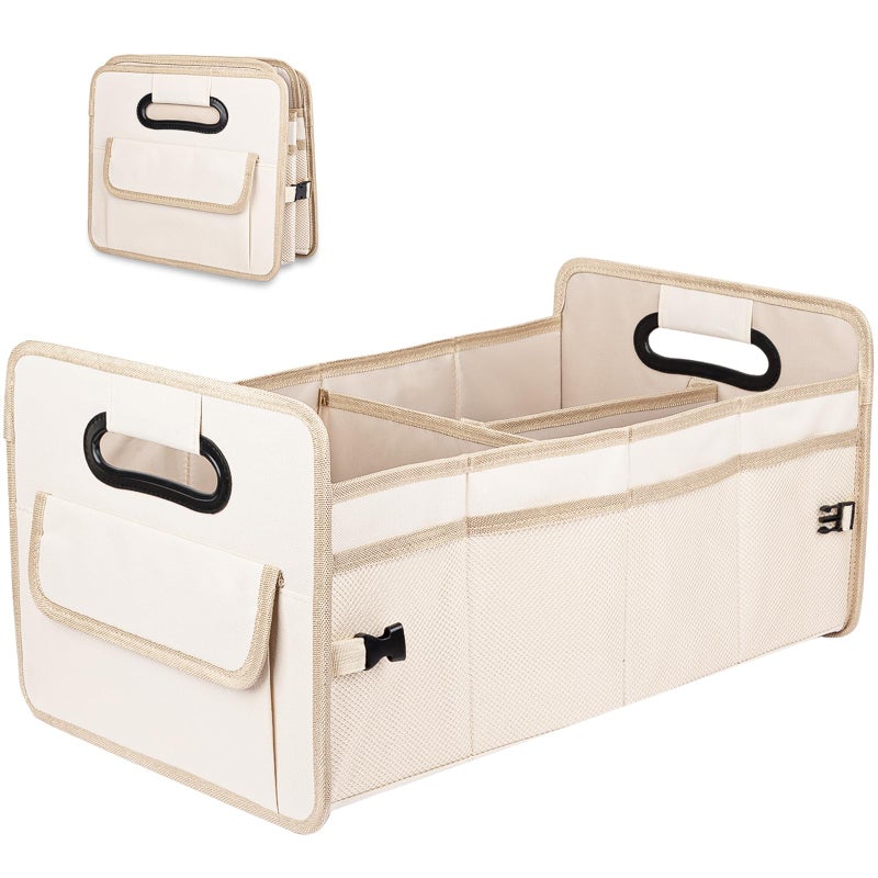 JiatuA Car Trunk Organizer Car Organizers and Storage Collapsible Multi Compartment Container Box Adjustable Car Accessories for SUV Sedan Truck Large Size Beige