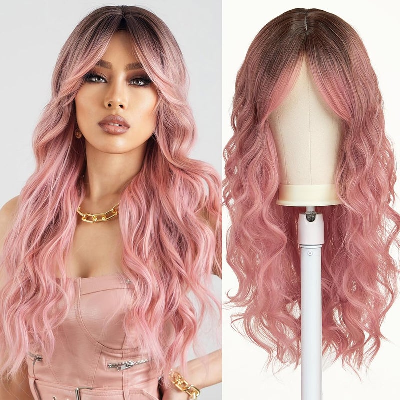 Esmee Long Wavy Pale Pink Wig For Women Bangs Wig Curly Synthetic Hair Natural Looking Heat Resistant Fiber For Daily Party Cosplay Christmas Wear