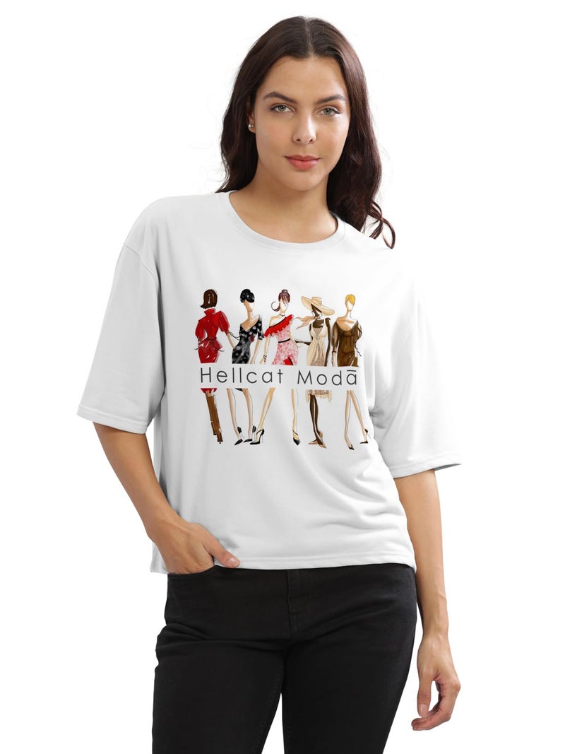 HELLCAT White Printed Loose Fit Crew-Neck Crop T-Shirt for Women/White/Small - Image 1