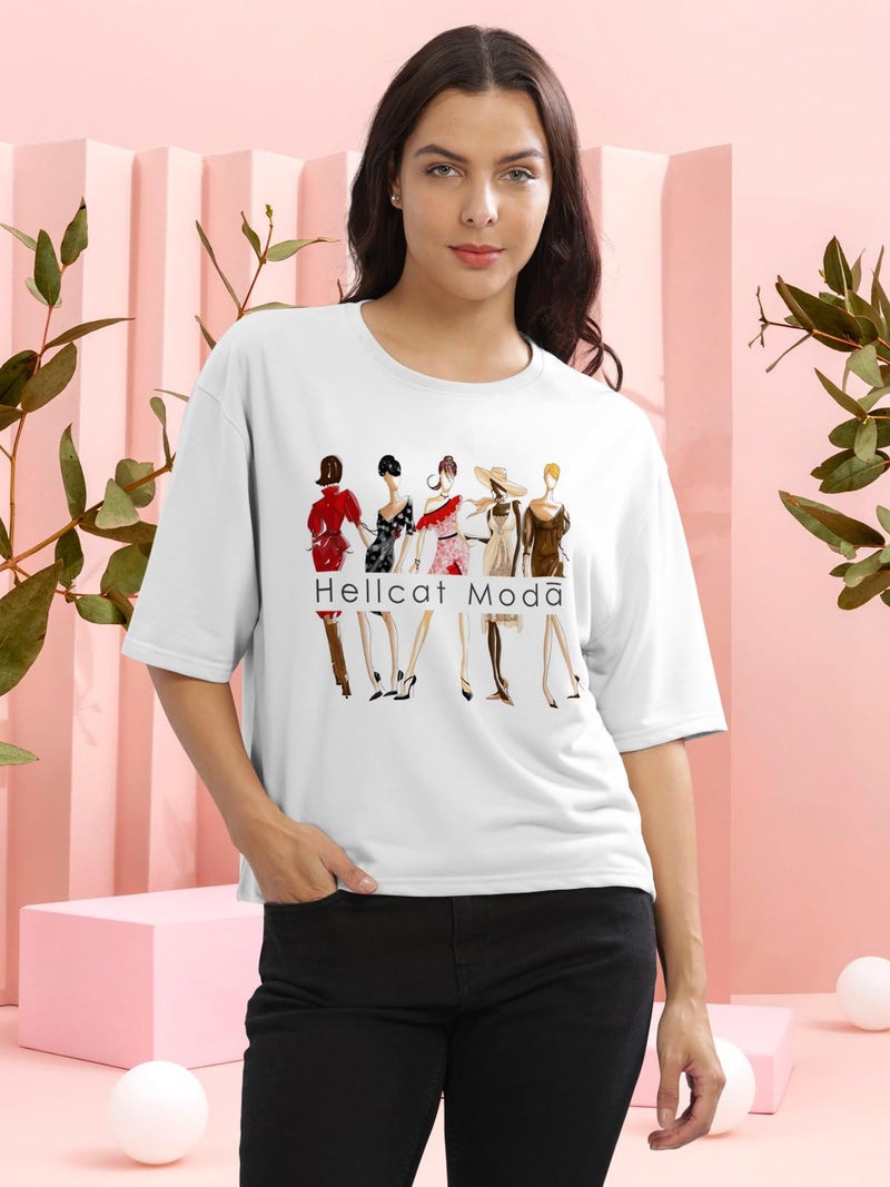 HELLCAT White Printed Loose Fit Crew-Neck Crop T-Shirt for Women/White/Small - Image 2