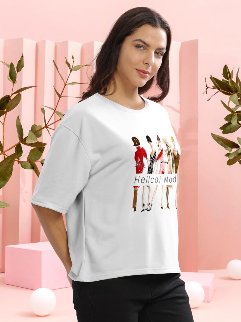 HELLCAT White Printed Loose Fit Crew-Neck Crop T-Shirt for Women/White/Small - Image 4