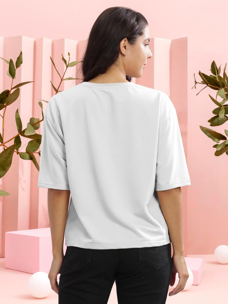 HELLCAT White Printed Loose Fit Crew-Neck Crop T-Shirt for Women/White/Small - Image 3