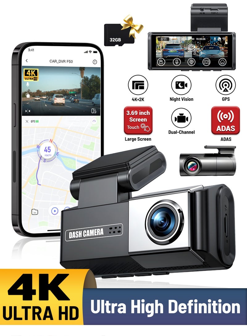 دانسينت كاميرا سيارة UHD 4K للسيارات عدسة مزدوجة أمامية وخلفية أمامية 4K 3840*2160P خلفية 2K 2560*1440P ADAS مدمج WiFi G-Sensor مع GPS مسجل فيديو DVR للسيارة - Image 1