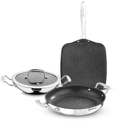 Bergner Argent Samsara Triply 4 Pcs Set - 26cm Round Grill Pan, 27cm Square Multi Tawa, 21cm Appachetty with Glass Lid, Quantanium Non-Stick Healthy Coating, Consumes Less Oil - Induction Bottom - Image 1