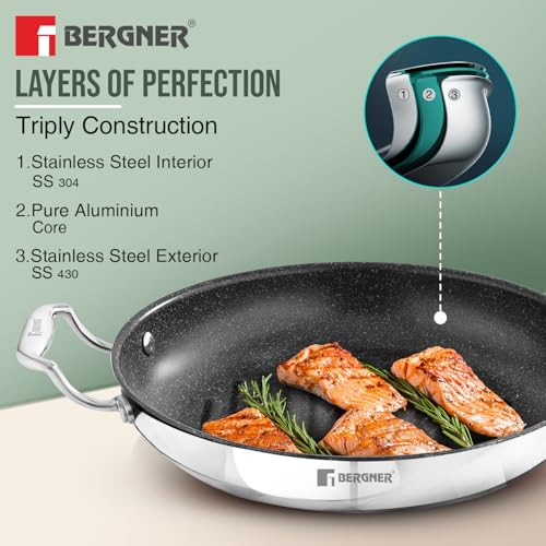 Bergner Argent Samsara Triply 4 Pcs Set - 26cm Round Grill Pan, 27cm Square Multi Tawa, 21cm Appachetty with Glass Lid, Quantanium Non-Stick Healthy Coating, Consumes Less Oil - Induction Bottom - Image 5