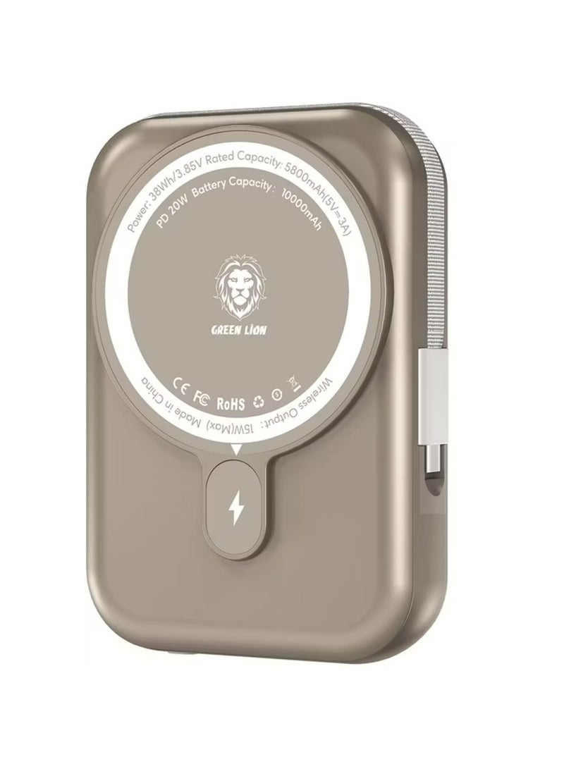 جرين ليون بنك طاقة موناكو ماج سيف بسعة 10000 مللي أمبير/ساعة مع كابل Type-C مدمج، وتوصيل طاقة 20 وات، ومؤشر طاقة LCD، ومخرج لاسلكي 15 وات، وشريحة ذكية - ذهبي تيتانيوم - Image 1