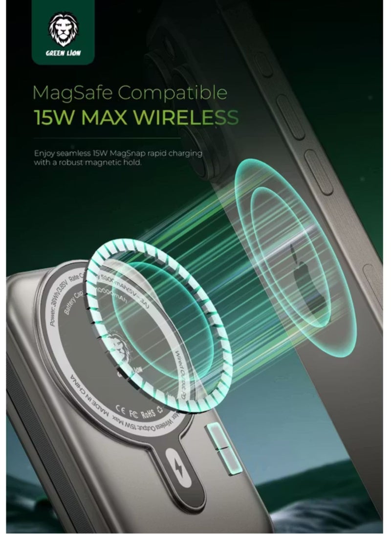 جرين ليون بنك طاقة موناكو ماج سيف بسعة 10000 مللي أمبير/ساعة مع كابل Type-C مدمج، وتوصيل طاقة 20 وات، ومؤشر طاقة LCD، ومخرج لاسلكي 15 وات، وشريحة ذكية - ذهبي تيتانيوم - Image 3