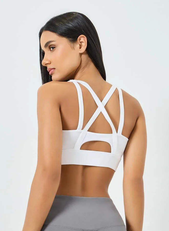 Styli Active  White Front Zip-Up Cross Back Sports Bra - High Support for Women | Best Price UAE