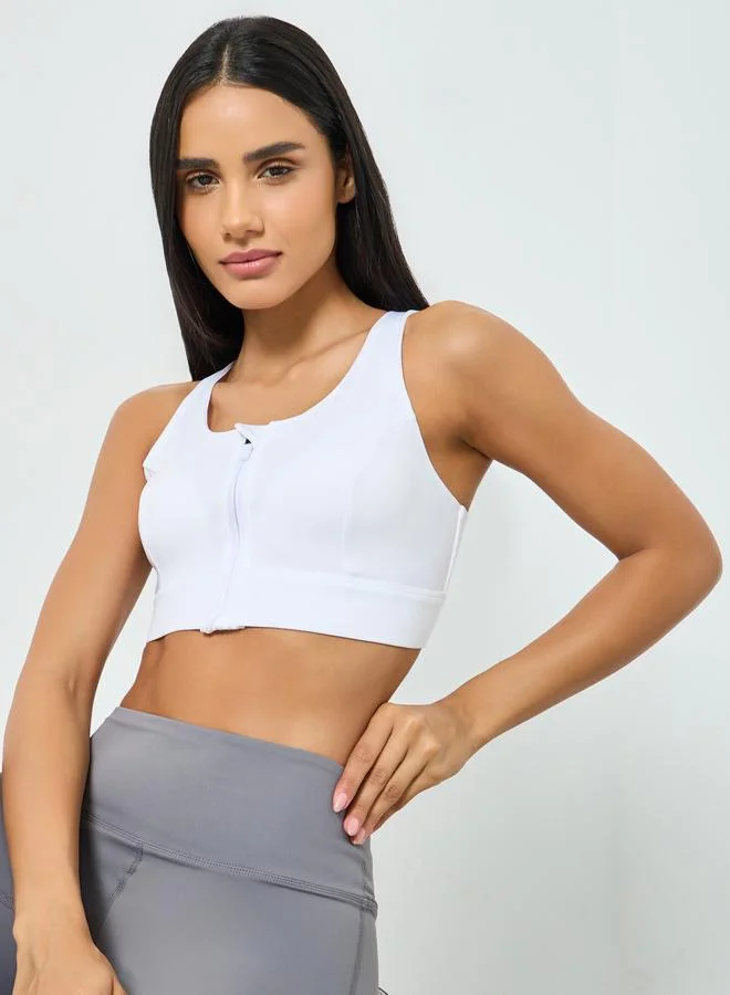 Styli Active White Front Zip-Up Cross Back Sports Bra - High Support