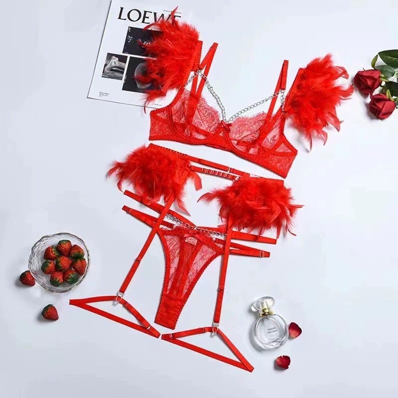 High-End Quality Explosive Complex Craft Metal Chain Lace Feather Lace Eyelash Underwear Four Or Five Piece Set - Image 5