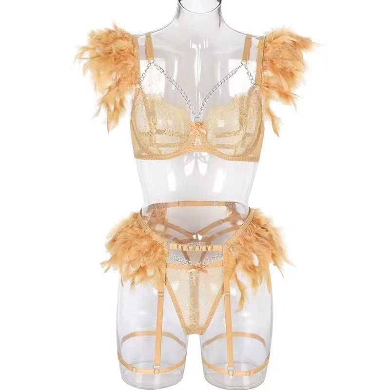 High-End Quality Explosive Complex Craft Metal Chain Lace Feather Lace Eyelash Underwear Four Or Five Piece Set - Image 1