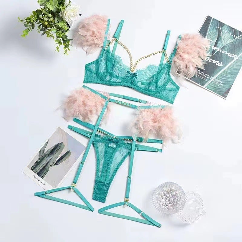High-End Quality Explosive Complex Craft Metal Chain Lace Feather Lace Eyelash Underwear Four Or Five Piece Set - Image 4