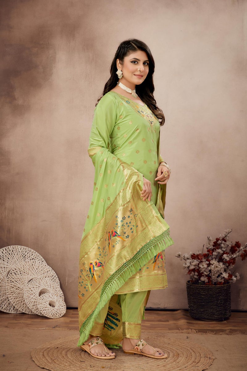 AMIRAT Women's Pure Silk Paithani Suit | Full Sleeves Zari Work | Unstitched Kurta set With Dupatta | Dress Material (Pista) - Image 5