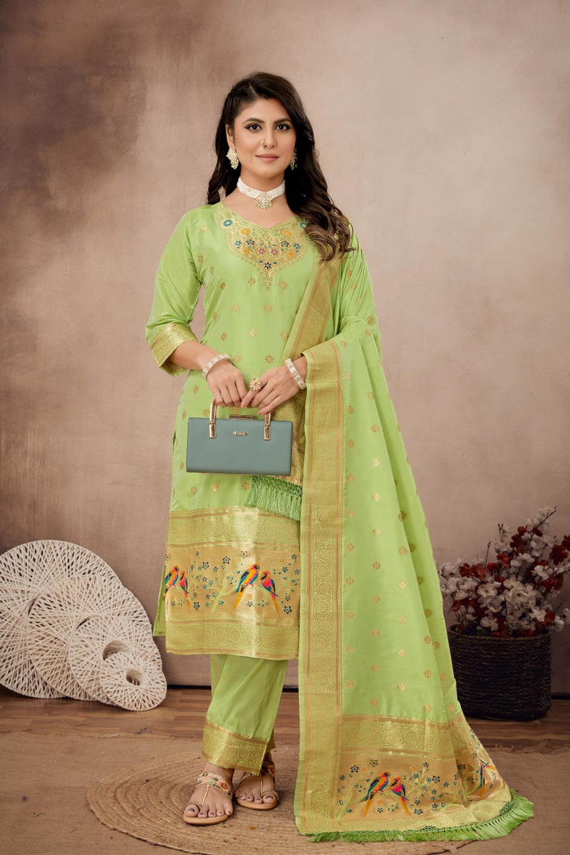 AMIRAT Women's Pure Silk Paithani Suit | Full Sleeves Zari Work | Unstitched Kurta set With Dupatta | Dress Material (Pista) - Image 3